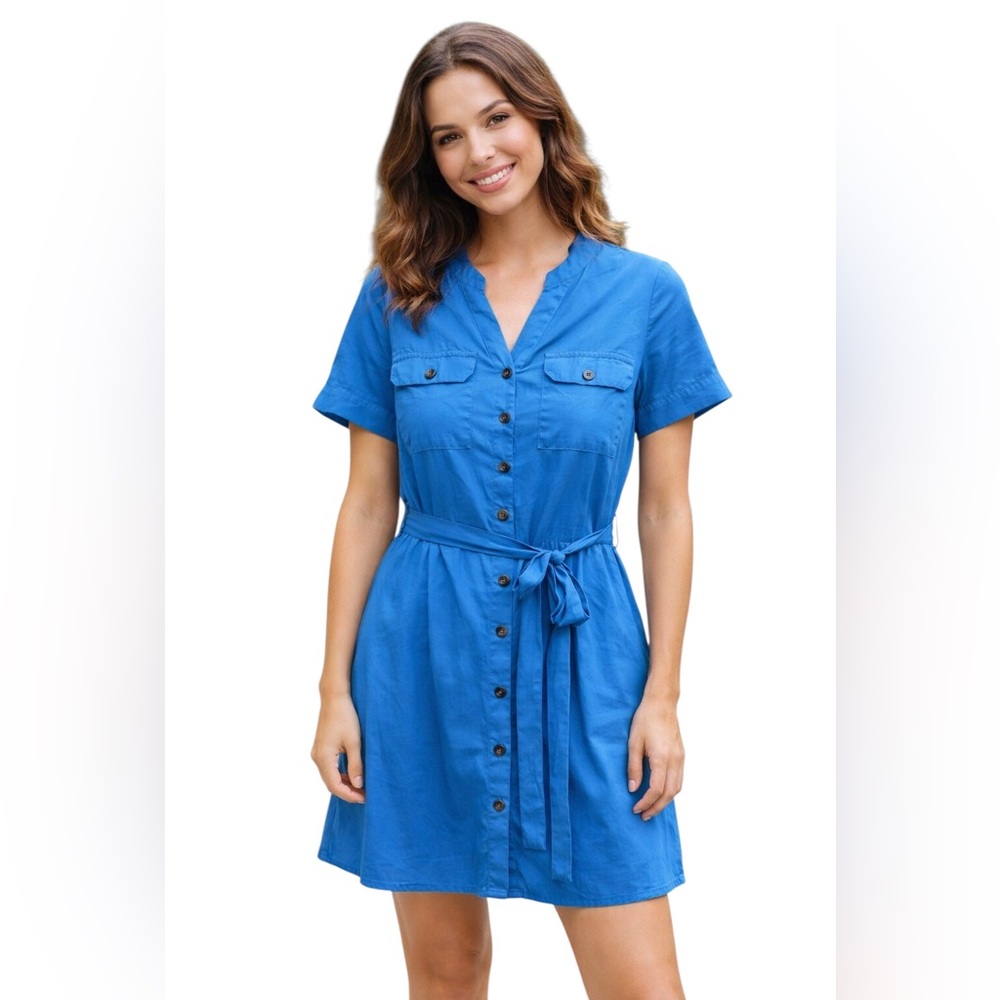 Olivia James The Label Mini Shirt Dress Medium Blue Preppy Classic Beach Coastal